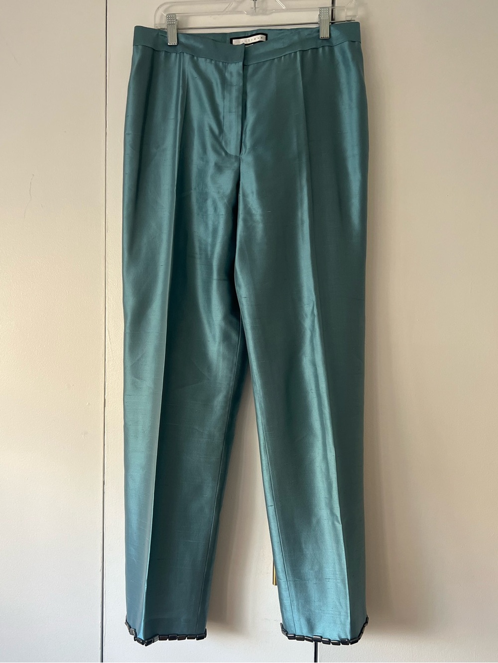 Lela Rose Teal Silk Cigarette Pants with Embellished Trim ✨ Size 12
